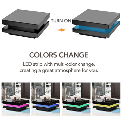 ON-TREND High Gloss Minimalist Design with LED Lights 2-Tier Square Coffee Table Black