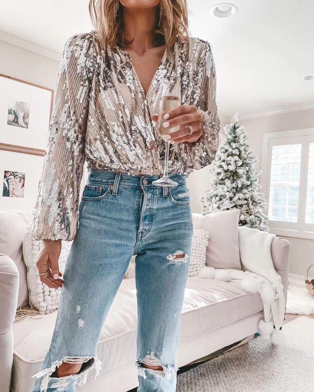 Sophisticated  V-Neck Long Sleeved Sequin Top Country in My Heart