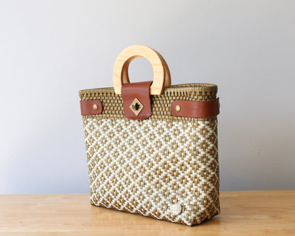 Beige & Gold Handwoven Tote with Wood Handle MexiMexi