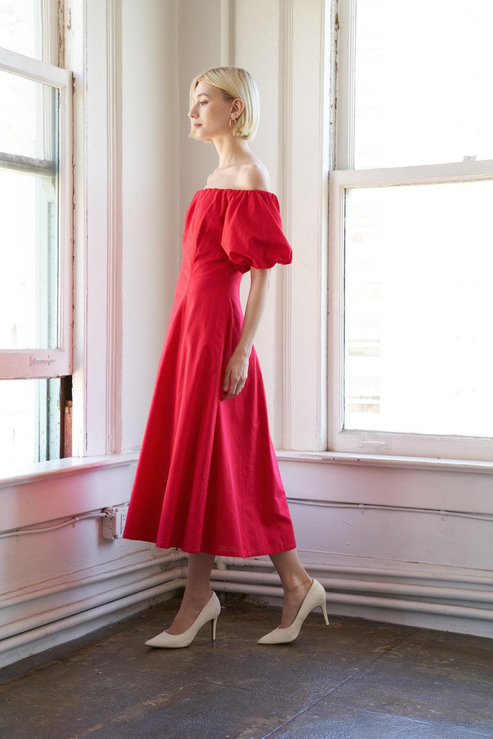 PROTECTING MY PEACE RED WOVEN MIDI DRESS Flying Tomato