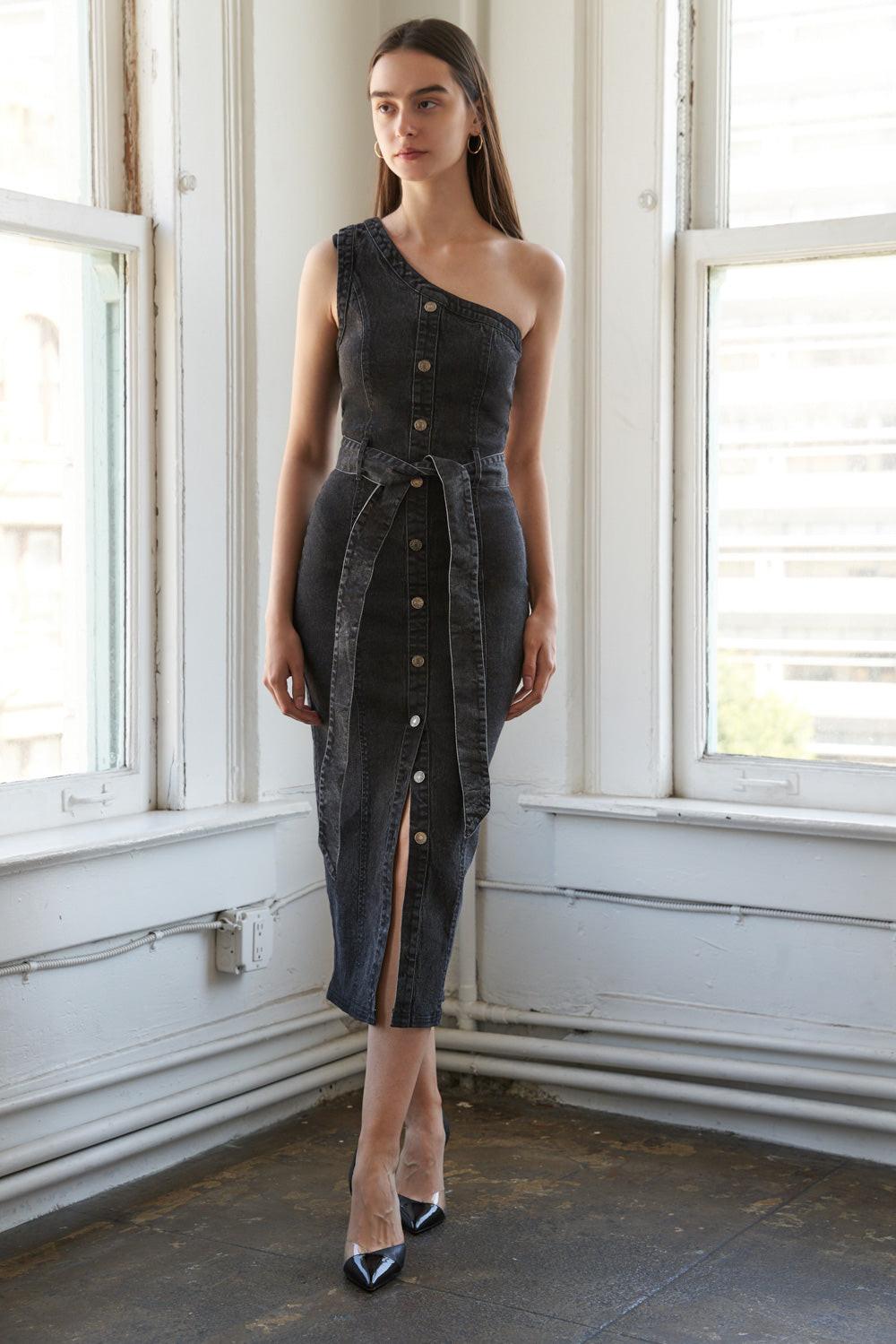 SOMEWHERE UP ABOVE DENIM MIDI DRESS Flying Tomato