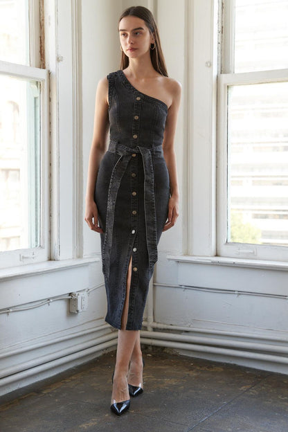 SOMEWHERE UP ABOVE DENIM MIDI DRESS Flying Tomato