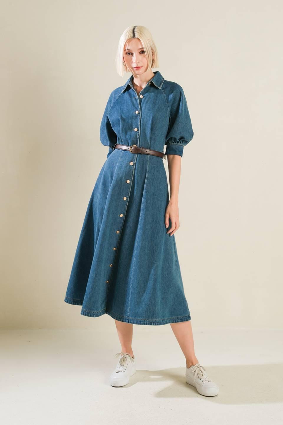 DIVIDE AND CONTOUR DENIM MIDI DRESS Flying Tomato