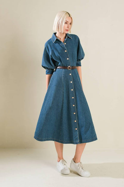 DIVIDE AND CONTOUR DENIM MIDI DRESS Flying Tomato