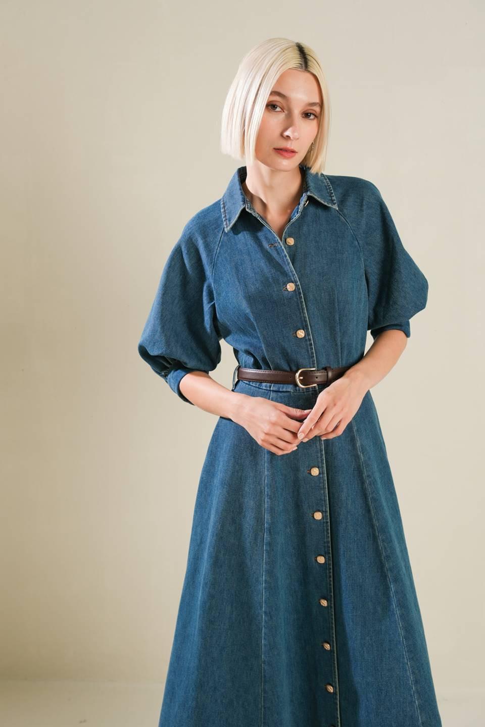 DIVIDE AND CONTOUR DENIM MIDI DRESS Flying Tomato
