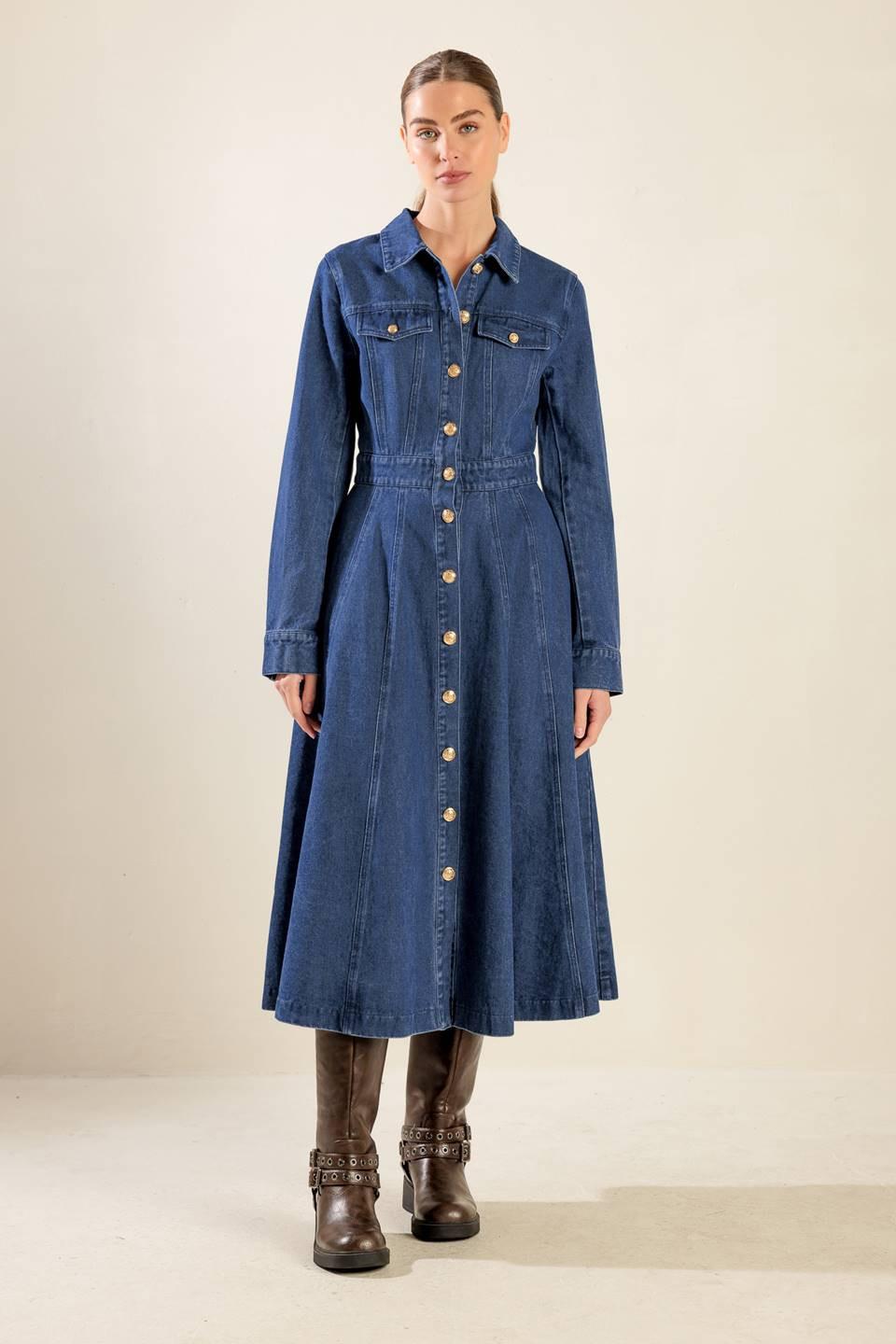 DRIFTING THOUGHTS DENIM MIDI DRESS Flying Tomato
