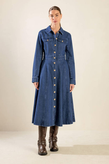 DRIFTING THOUGHTS DENIM MIDI DRESS Flying Tomato