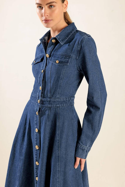 DRIFTING THOUGHTS DENIM MIDI DRESS Flying Tomato