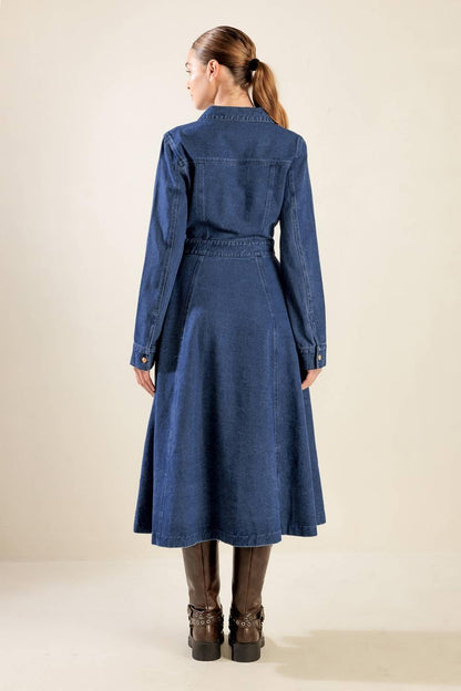 DRIFTING THOUGHTS DENIM MIDI DRESS Flying Tomato