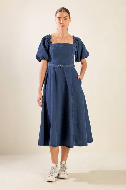 ALL SPRUCED UP DENIM MIDI DRESS Flying Tomato