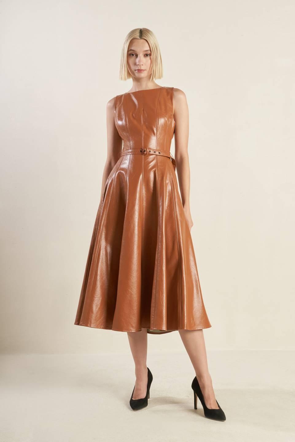 LUNAR SYMPHONY FAUX LEATHER MIDI DRESS Flying Tomato