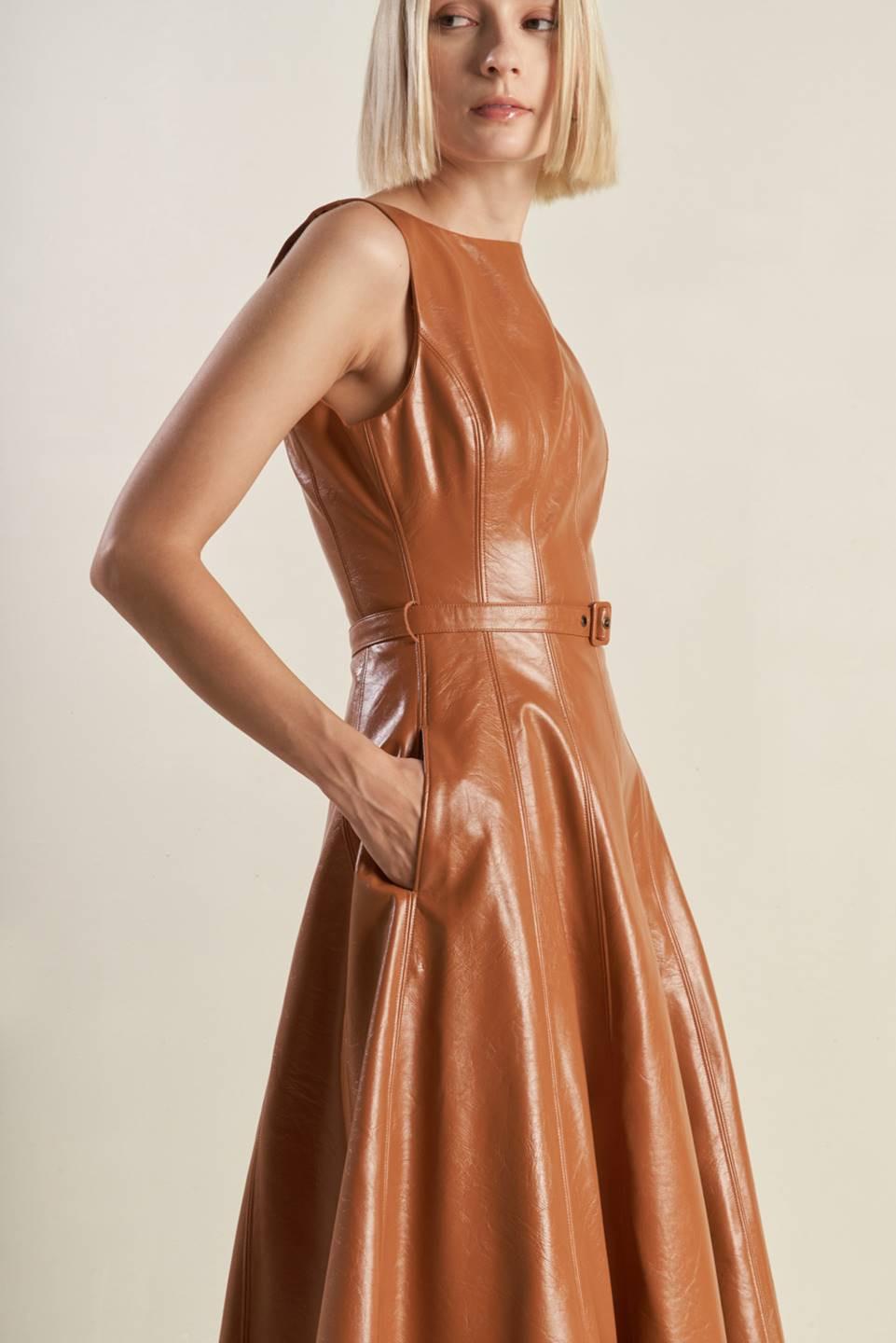 LUNAR SYMPHONY FAUX LEATHER MIDI DRESS Flying Tomato