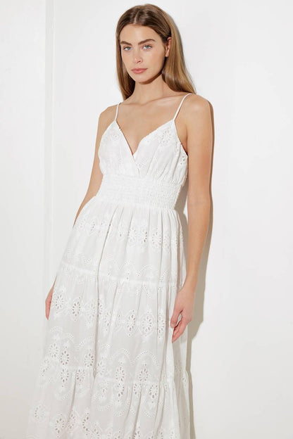 LUMINOUS BLISS WOVEN EYELET MIDI DRESS Flying Tomato