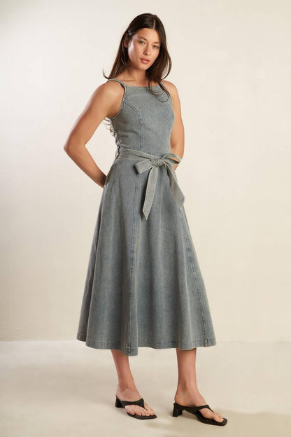 A DAY AT THE VINEYARD DENIM MIDI DRESS Flying Tomato