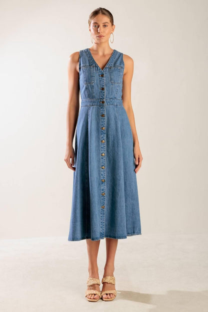 THE JOURNEY BEGINS BLUE DENIM MIDI DRESS Flying Tomato