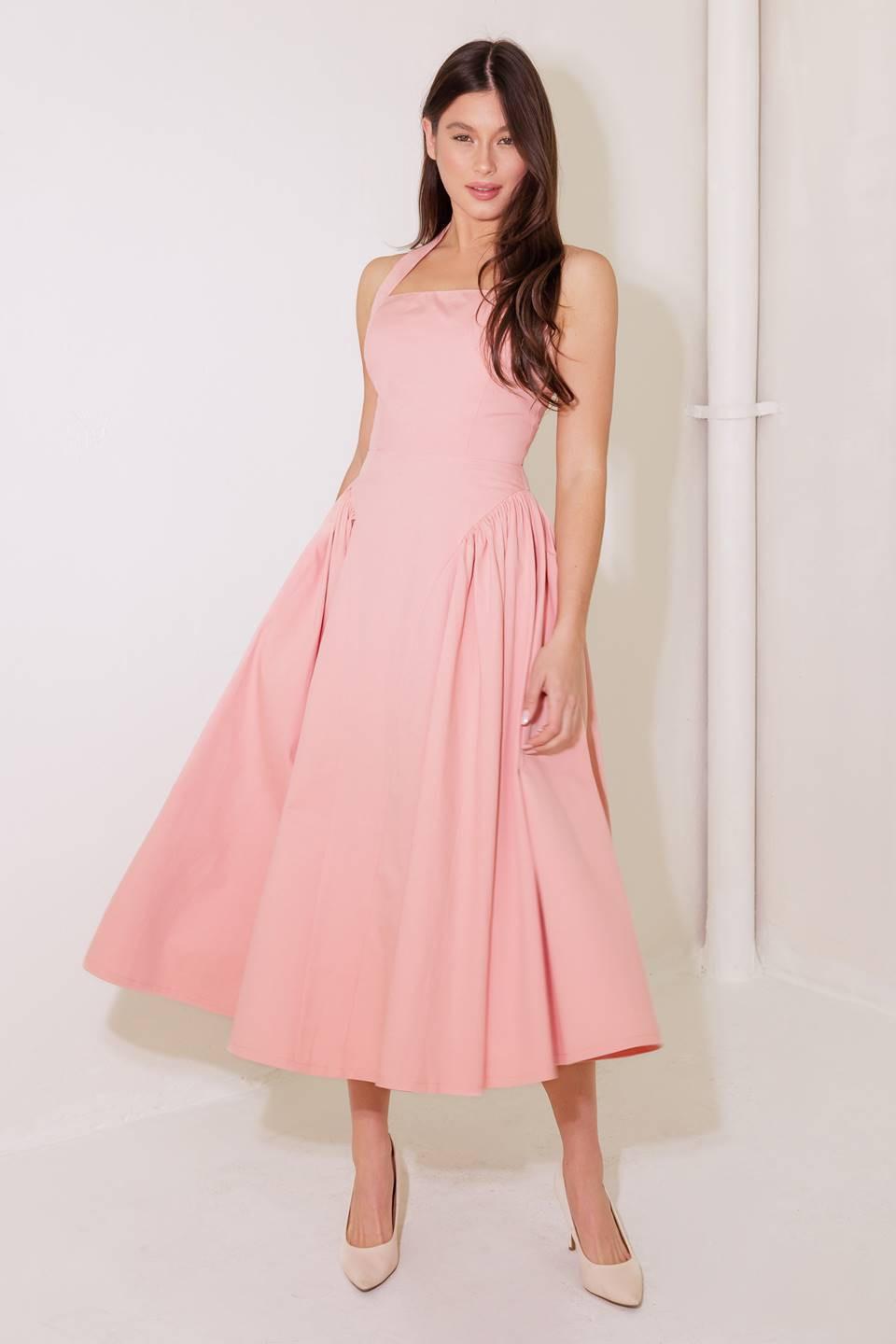 CAUGHT IN THE RAIN PINK WOVEN MIDI DRESS Flying Tomato