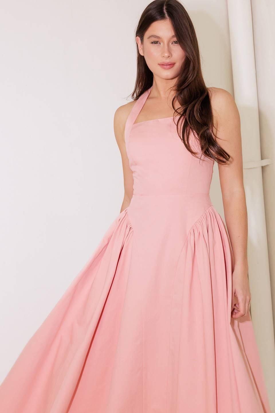 CAUGHT IN THE RAIN PINK WOVEN MIDI DRESS Flying Tomato