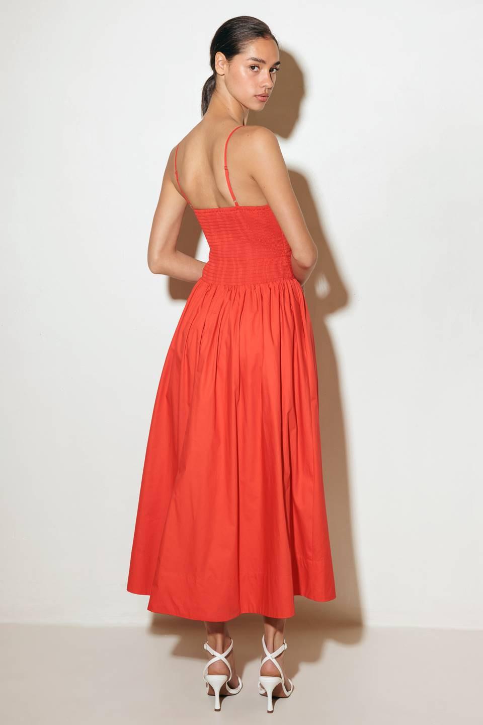 MOVE WITH INTENTION RED WOVEN MIDI DRESS Flying Tomato