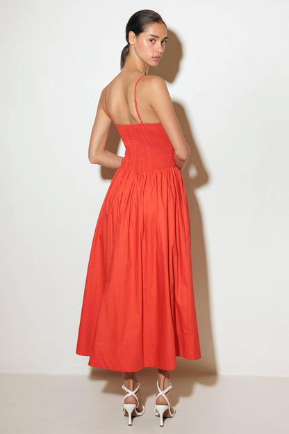 MOVE WITH INTENTION RED WOVEN MIDI DRESS Flying Tomato