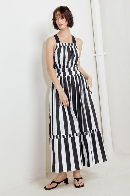 LUXE LINEAR STRIPED WOVEN MIDI DRESS Flying Tomato