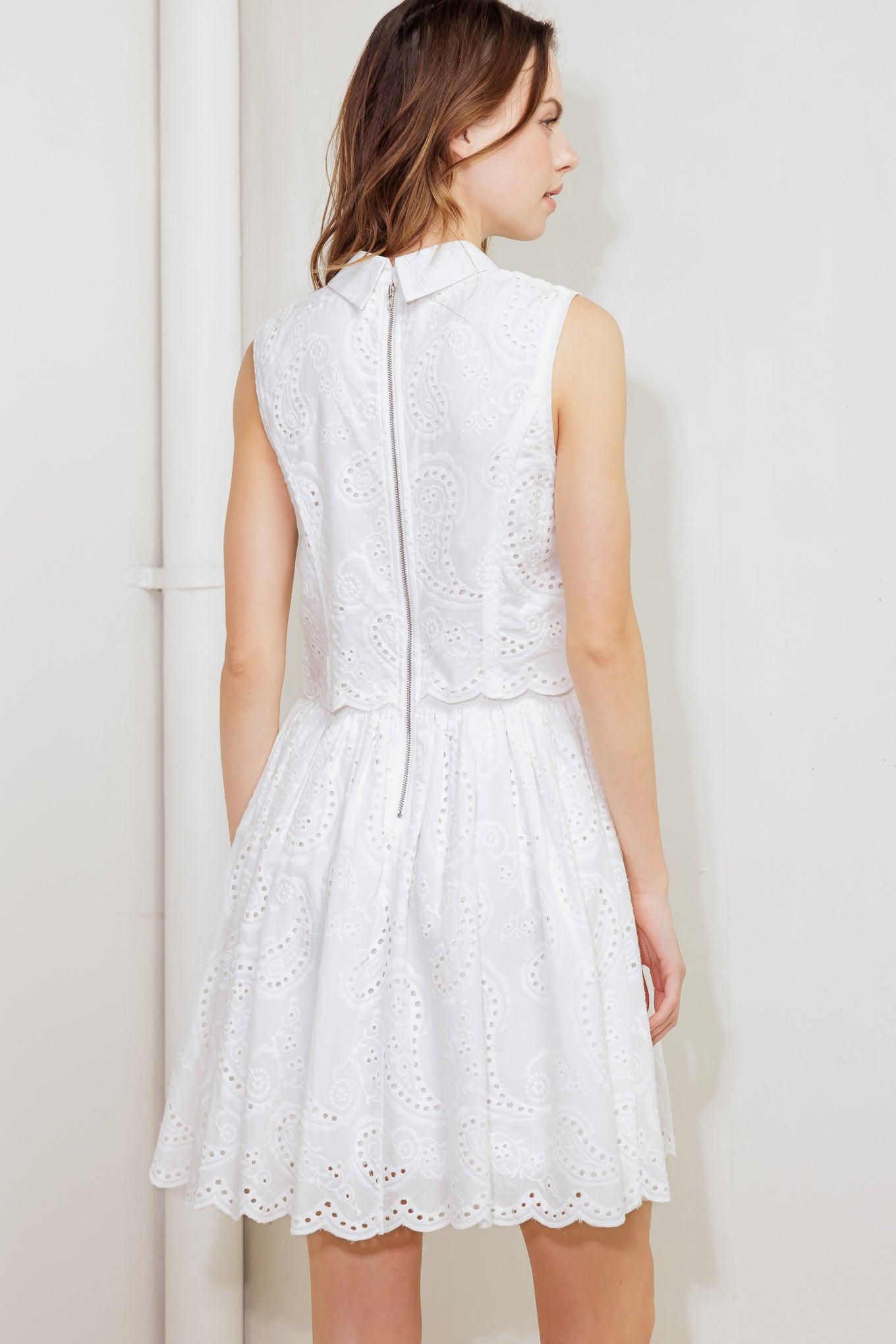 LEAF KISS WHITE WOVEN EYELET MINI DRESS Flying Tomato