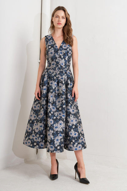 LUX BLOOMING WOVEN JACQUARD MIDI DRESS Flying Tomato