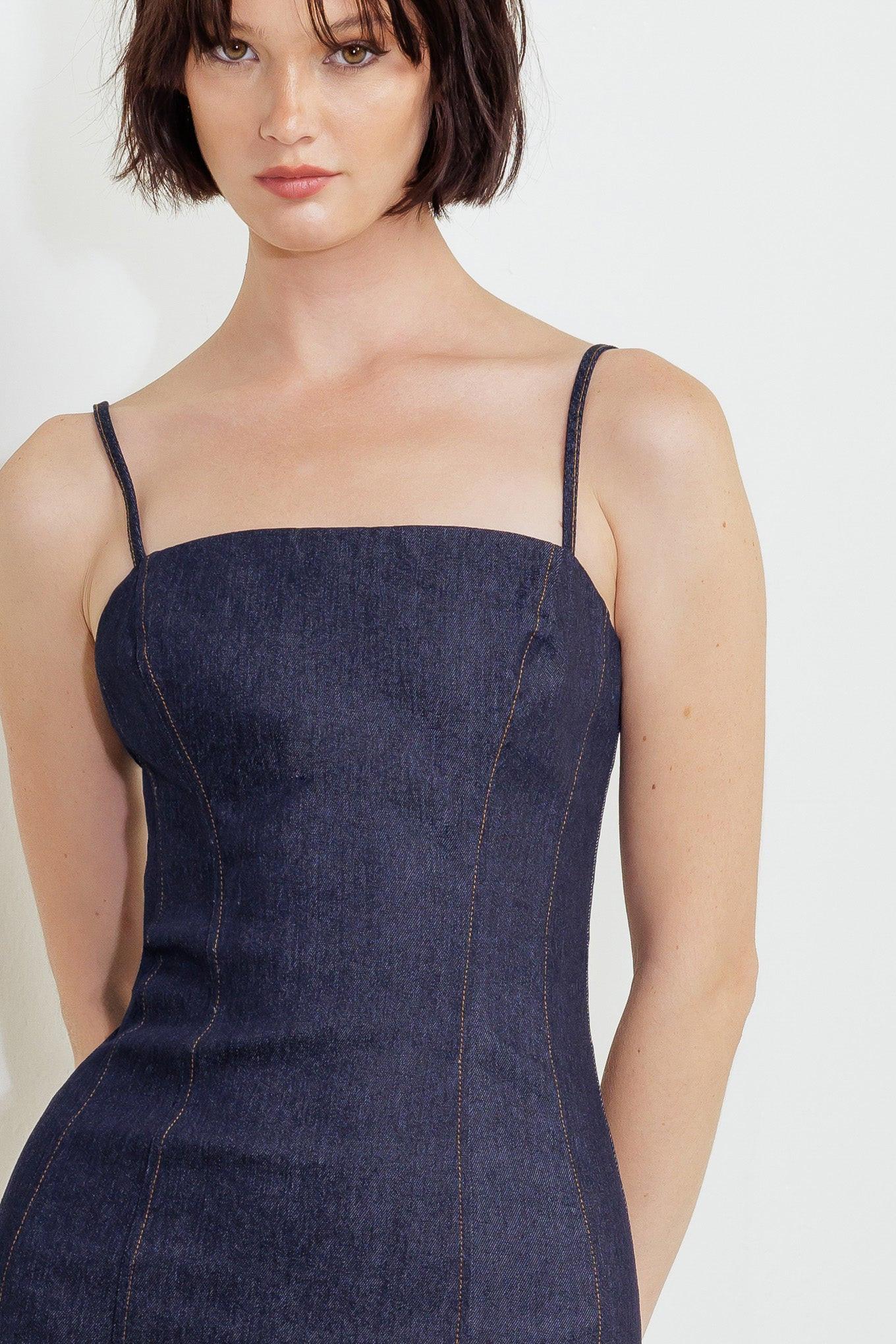 QUIET CURVE DARK DENIM MIDI DRESS Flying Tomato
