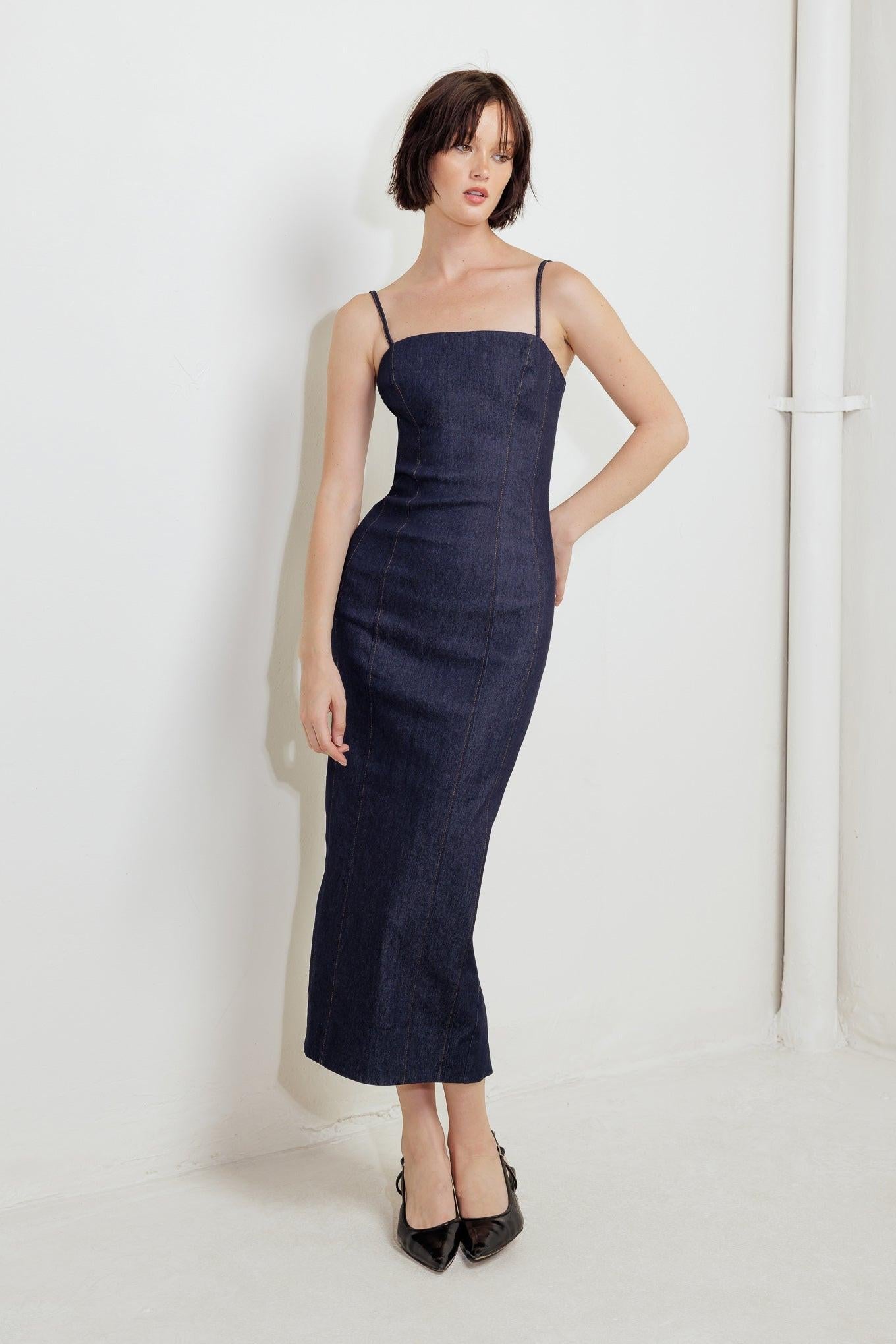 QUIET CURVE DARK DENIM MIDI DRESS Flying Tomato