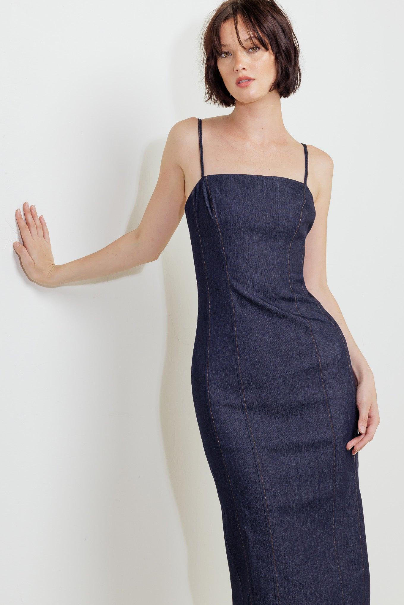 QUIET CURVE DARK DENIM MIDI DRESS Flying Tomato