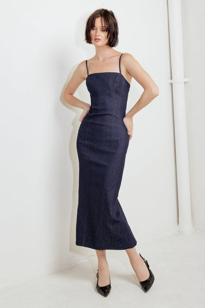 QUIET CURVE DARK DENIM MIDI DRESS Flying Tomato