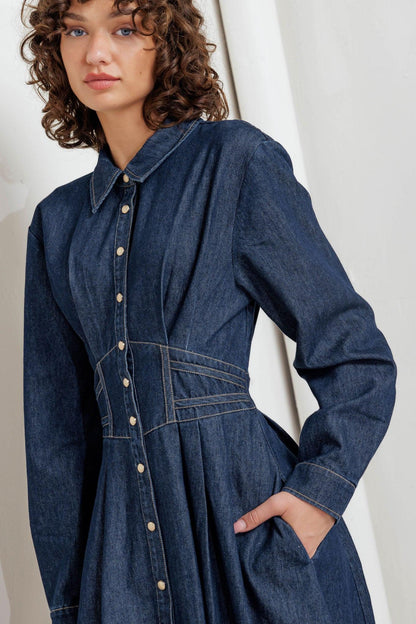 VINTAGE BLUES DENIM MIDI DRESS Flying Tomato