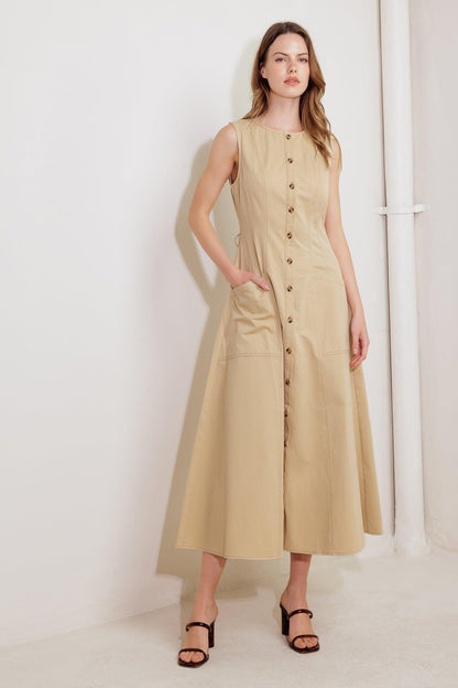NATURE’S GENTLE SONG BEIGE WOVEN MIDI DRESS Flying Tomato