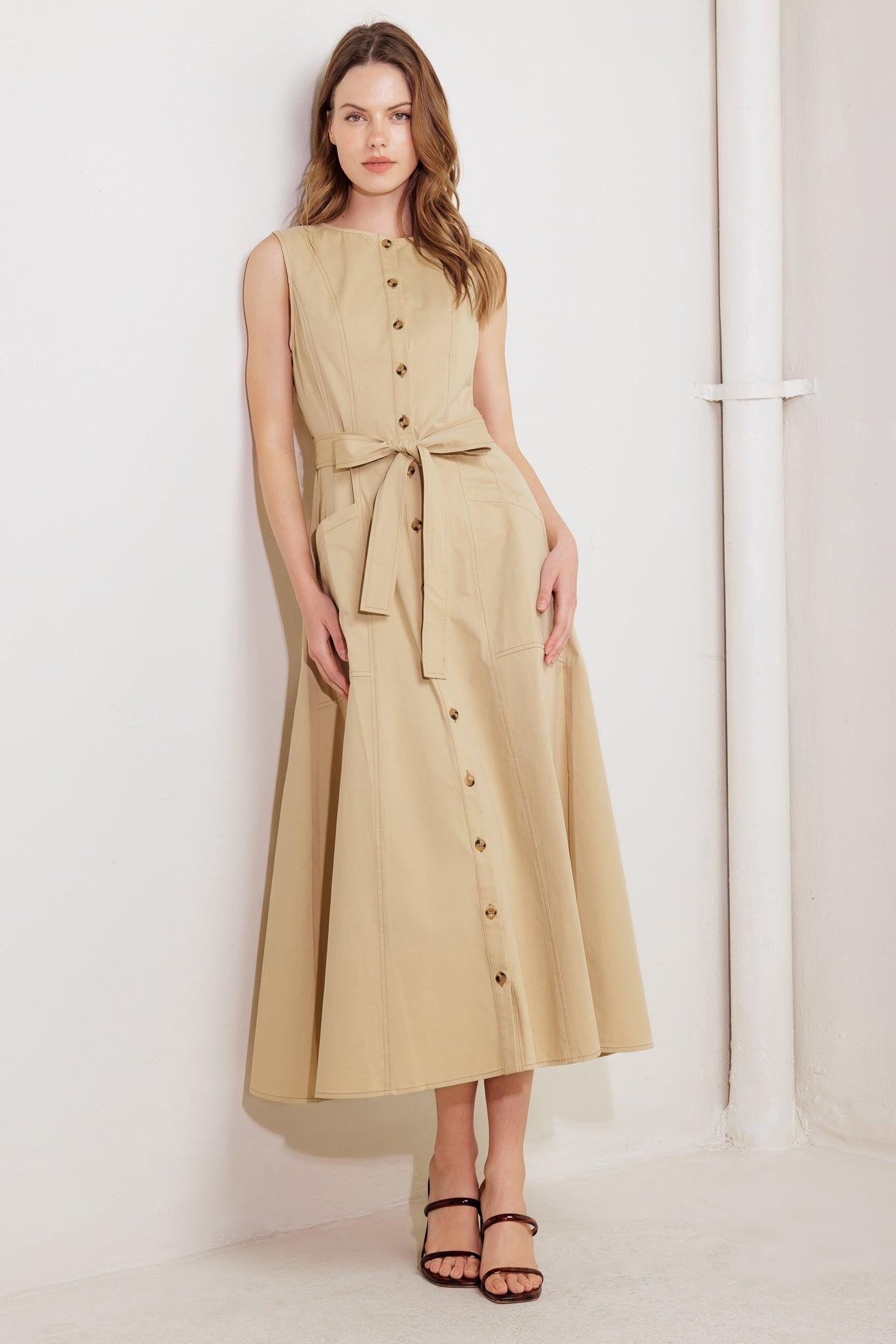 NATURE’S GENTLE SONG BEIGE WOVEN MIDI DRESS Flying Tomato