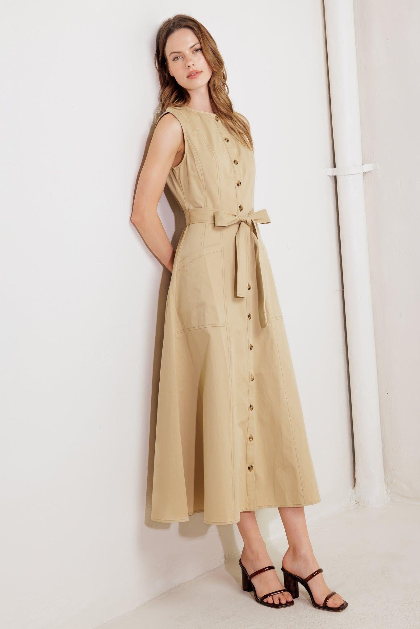 NATURE’S GENTLE SONG BEIGE WOVEN MIDI DRESS Flying Tomato