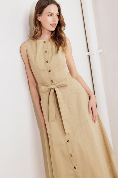 NATURE’S GENTLE SONG BEIGE WOVEN MIDI DRESS Flying Tomato