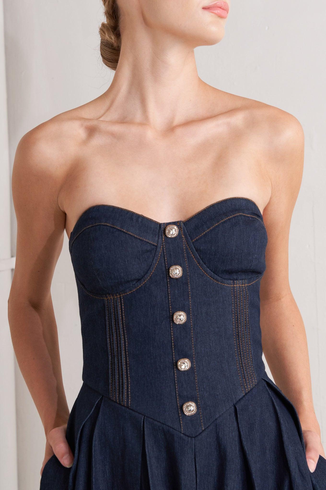URBAN CORSET DENIM MIDI DRESS Flying Tomato