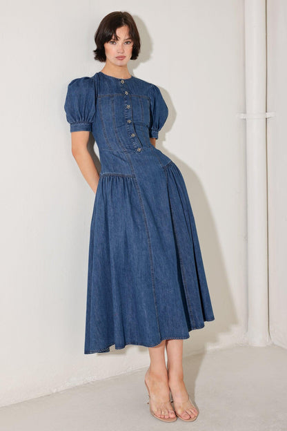 MIDDAY IN BLUE DENIM MIDI DRESS Flying Tomato