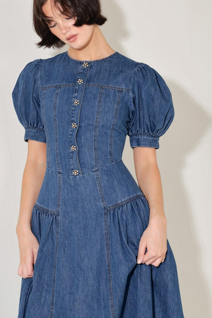 MIDDAY IN BLUE DENIM MIDI DRESS Flying Tomato