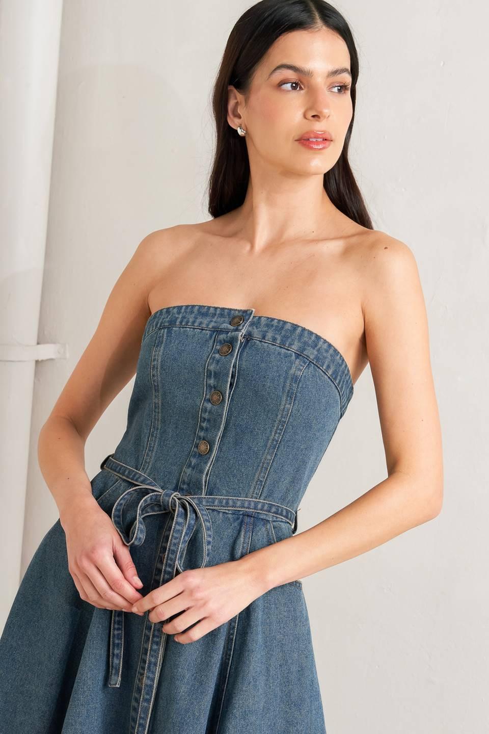 MIDNIGHT VOLUME DENIM MIDI DRESS Flying Tomato
