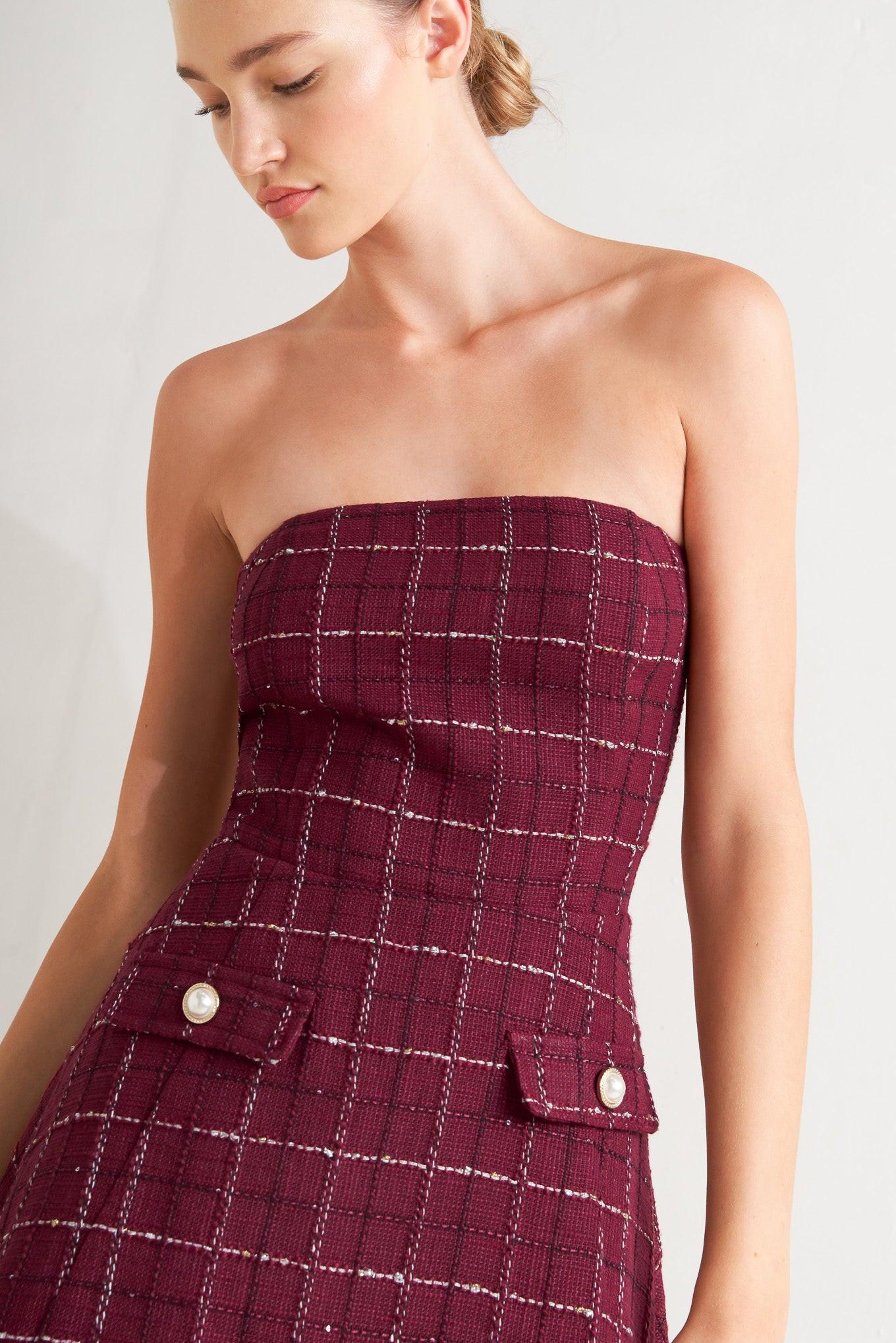 TWEED DOLL WINE WOVEN MINI DRESS Flying Tomato