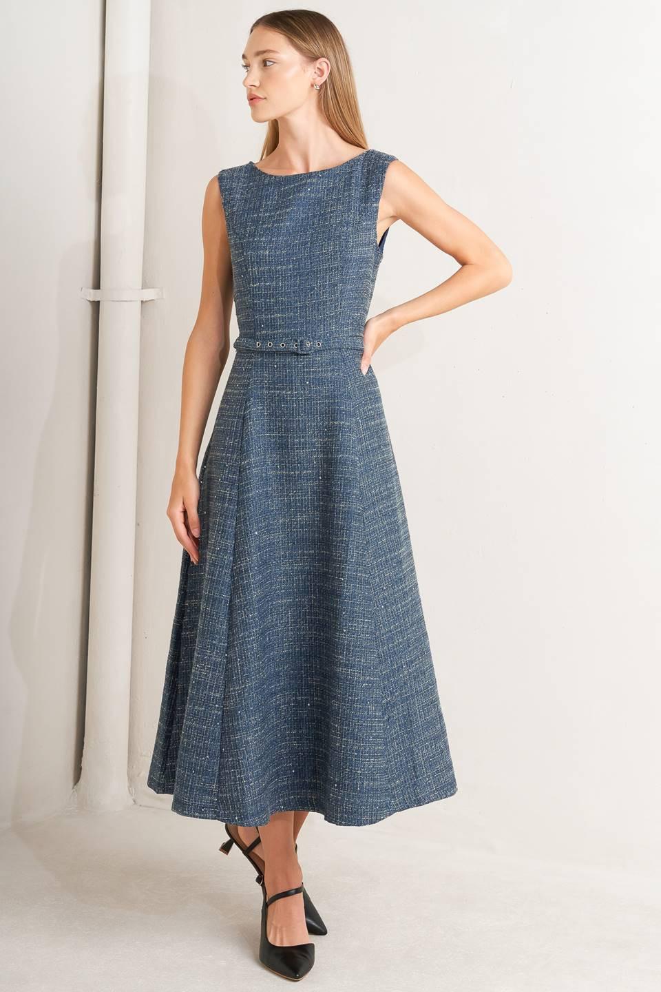 VINTAGE VIBE BOUCLÉ WOVEN TWEED MIDI DRESS Flying Tomato