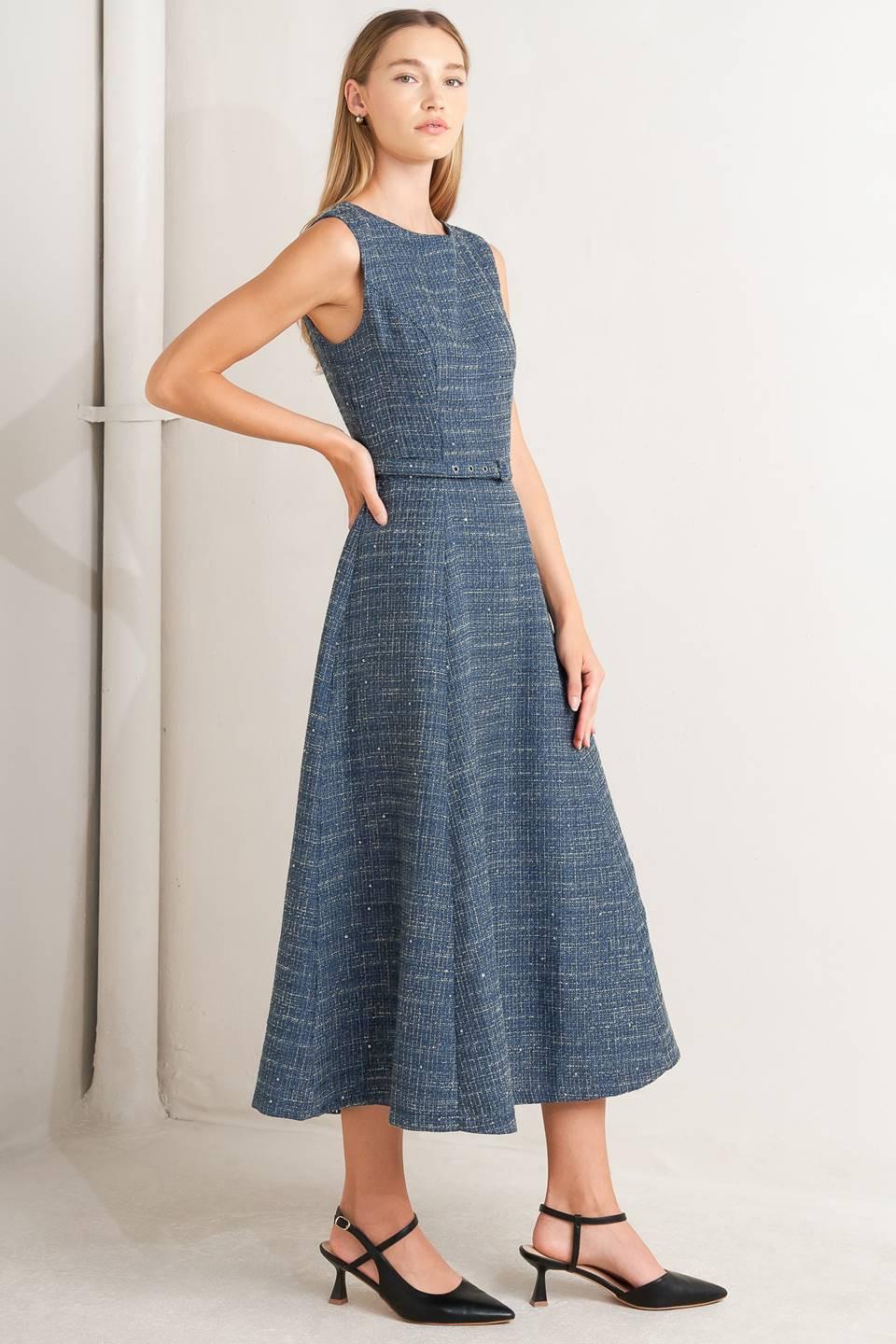 VINTAGE VIBE BOUCLÉ WOVEN TWEED MIDI DRESS Flying Tomato