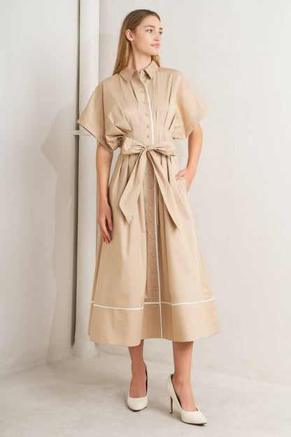 CATCH YOU LATER KHAKI WOVEN MIDI DRESS Flying Tomato