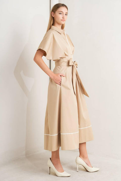 CATCH YOU LATER KHAKI WOVEN MIDI DRESS Flying Tomato