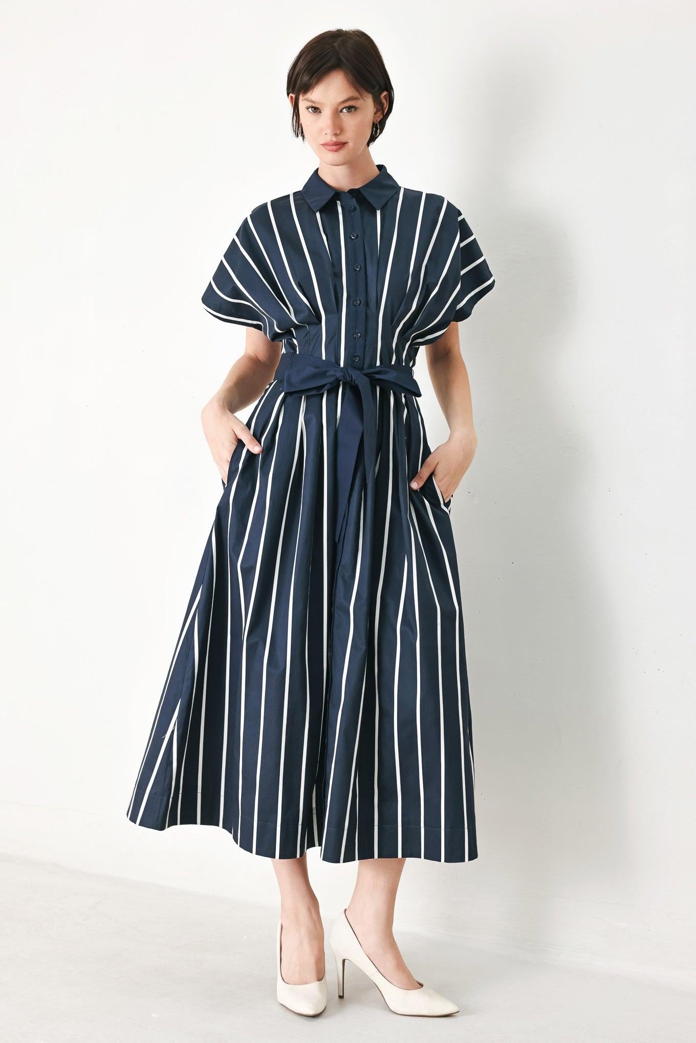 PINSTRIPE STORY WOVEN MIDI DRESS Flying Tomato