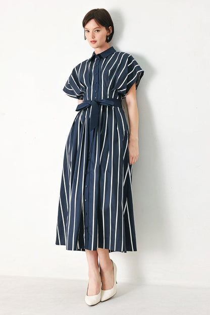 PINSTRIPE STORY WOVEN MIDI DRESS Flying Tomato