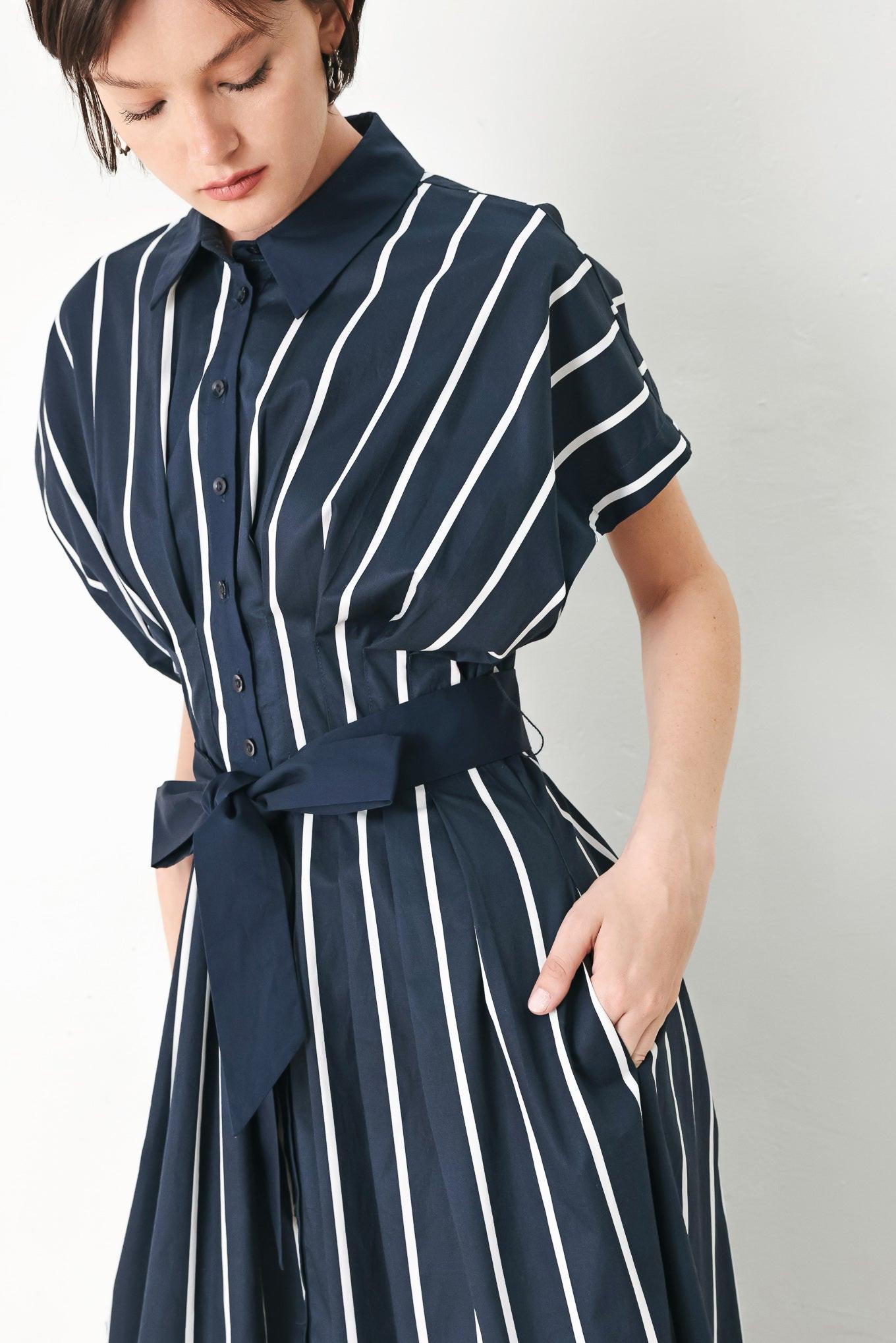 PINSTRIPE STORY WOVEN MIDI DRESS Flying Tomato