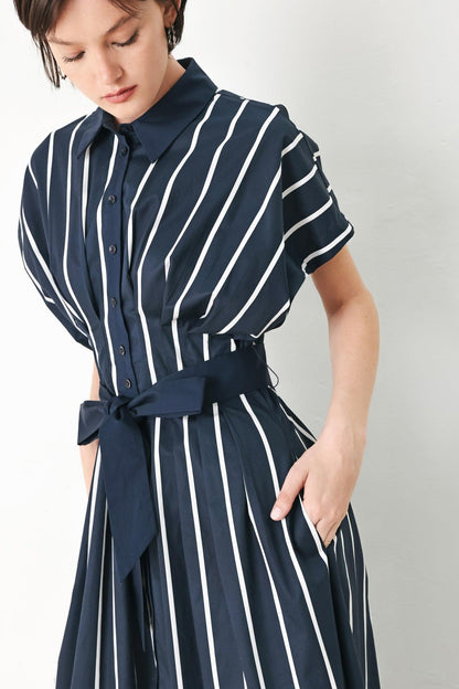 PINSTRIPE STORY WOVEN MIDI DRESS Flying Tomato