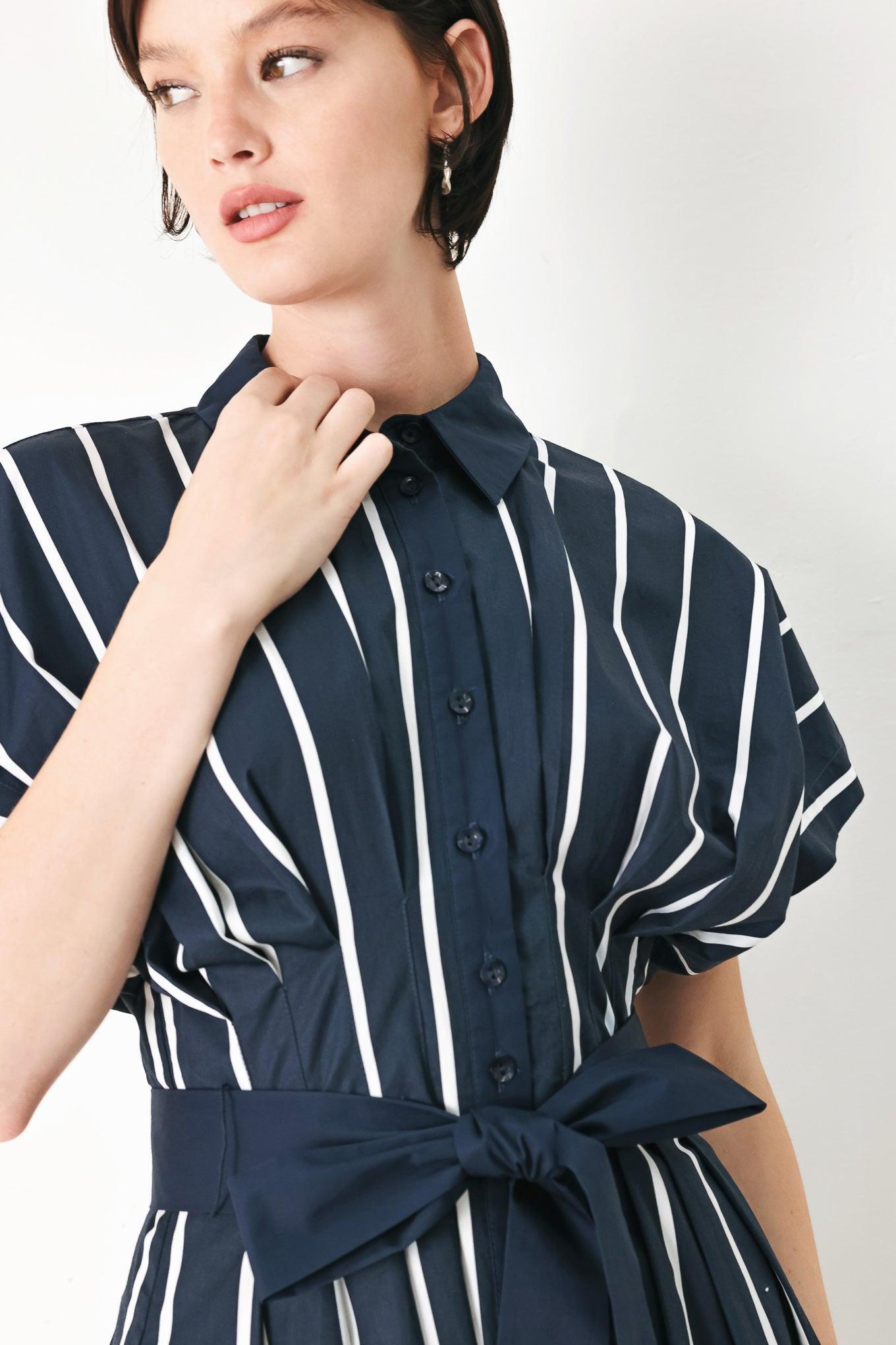 PINSTRIPE STORY WOVEN MIDI DRESS Flying Tomato