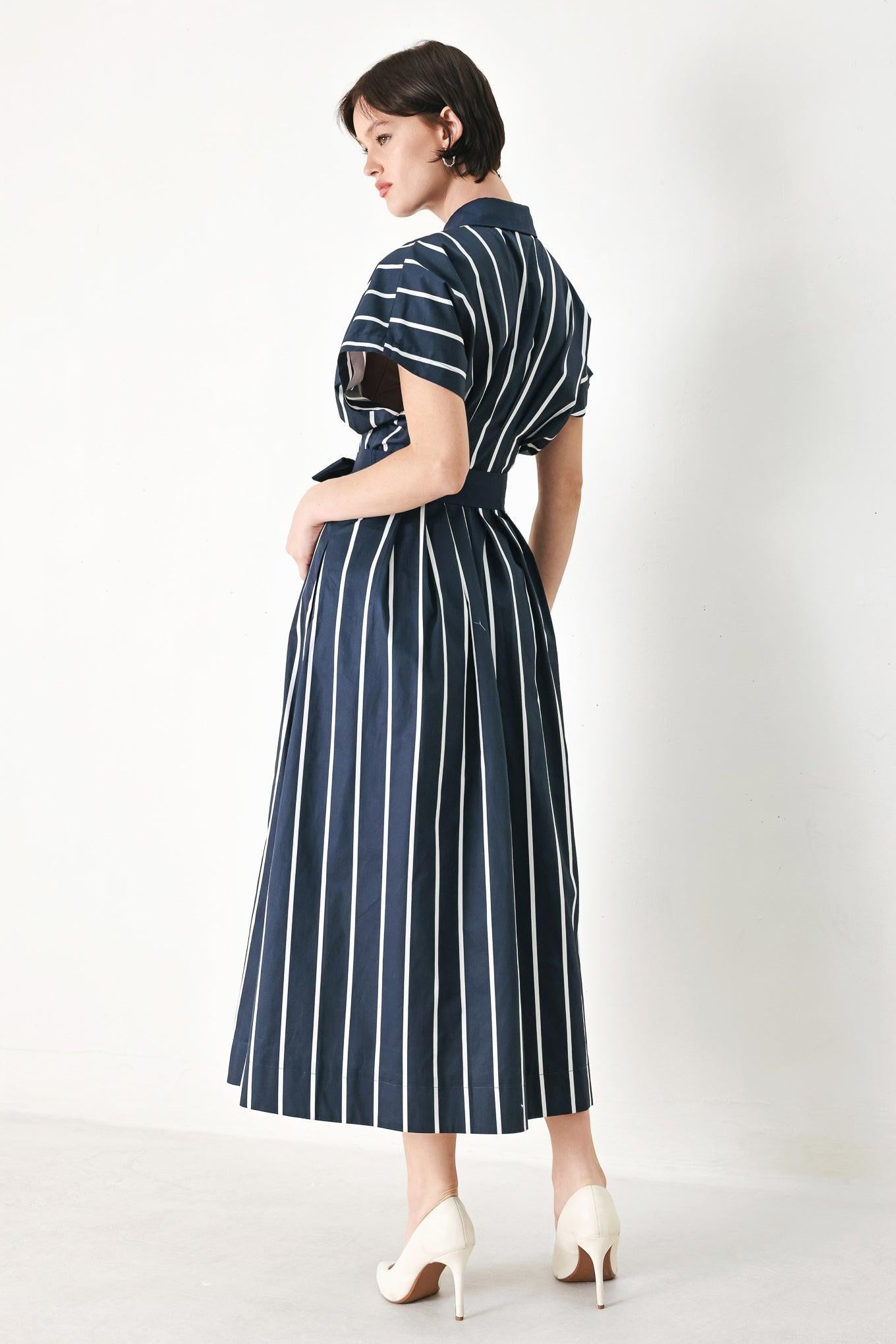 PINSTRIPE STORY WOVEN MIDI DRESS Flying Tomato